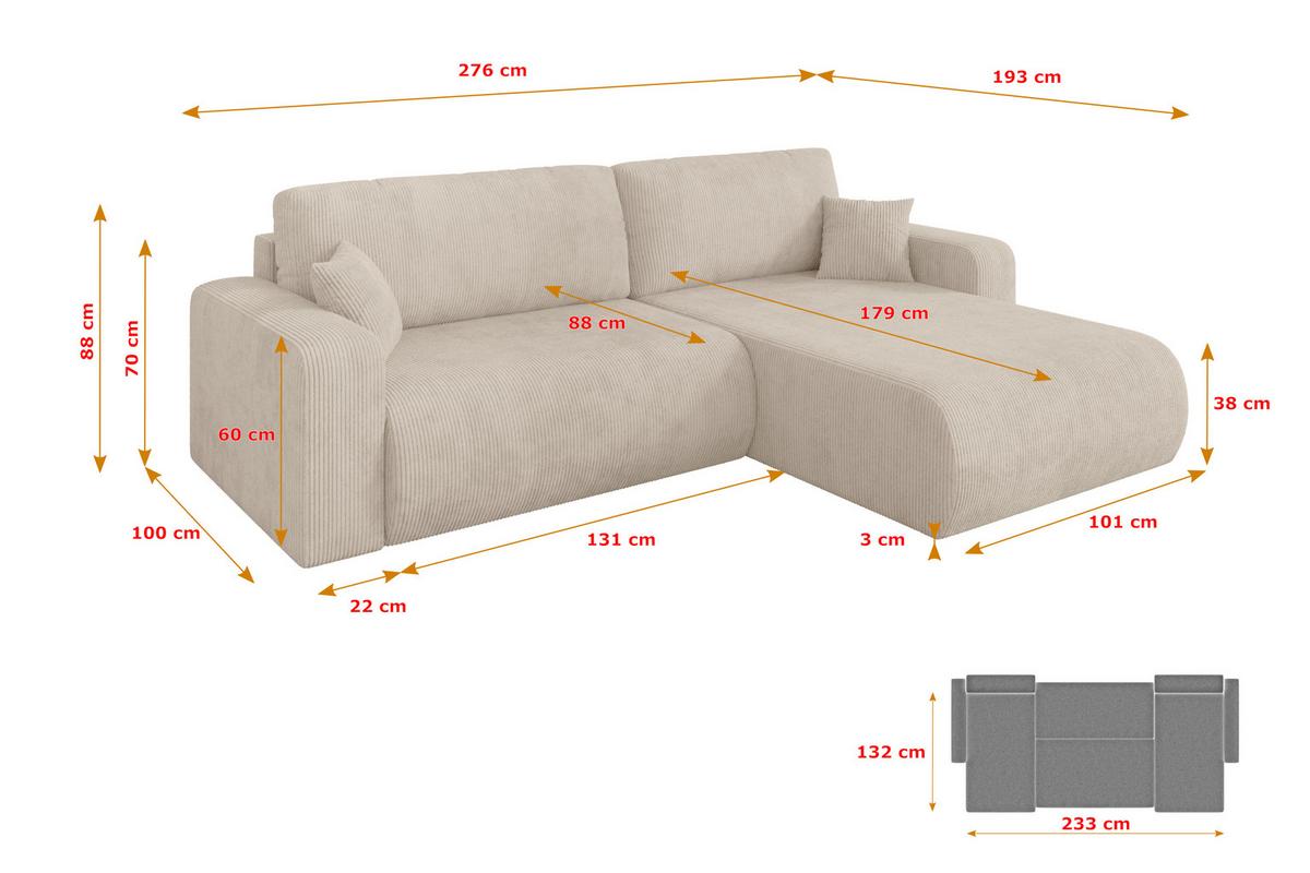 ECKSOFA mit Schlaffunktion Ottomane Rechts BERY-L 276x193x88 Beige Cord - Beige/Schwarz, Holzwerkstoff/Kunststoff (276/193cm) - ALTDECOR
