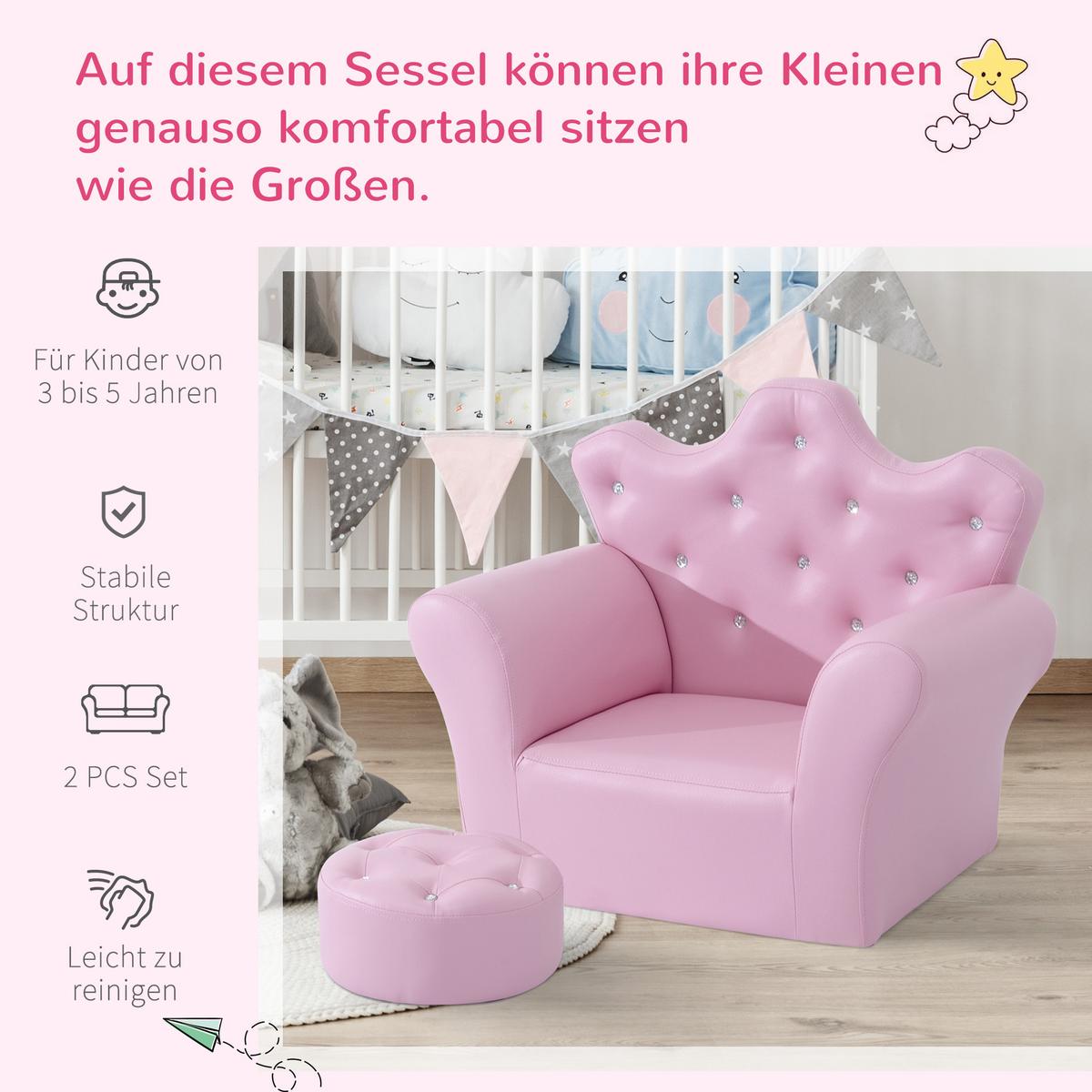 KINDERSOFA mit Ottomane Kindersessel Softsofa mit Kristallknöpfen Hocker Rosa - Rosa, Holz (405/49/58cm) - HOMCOM