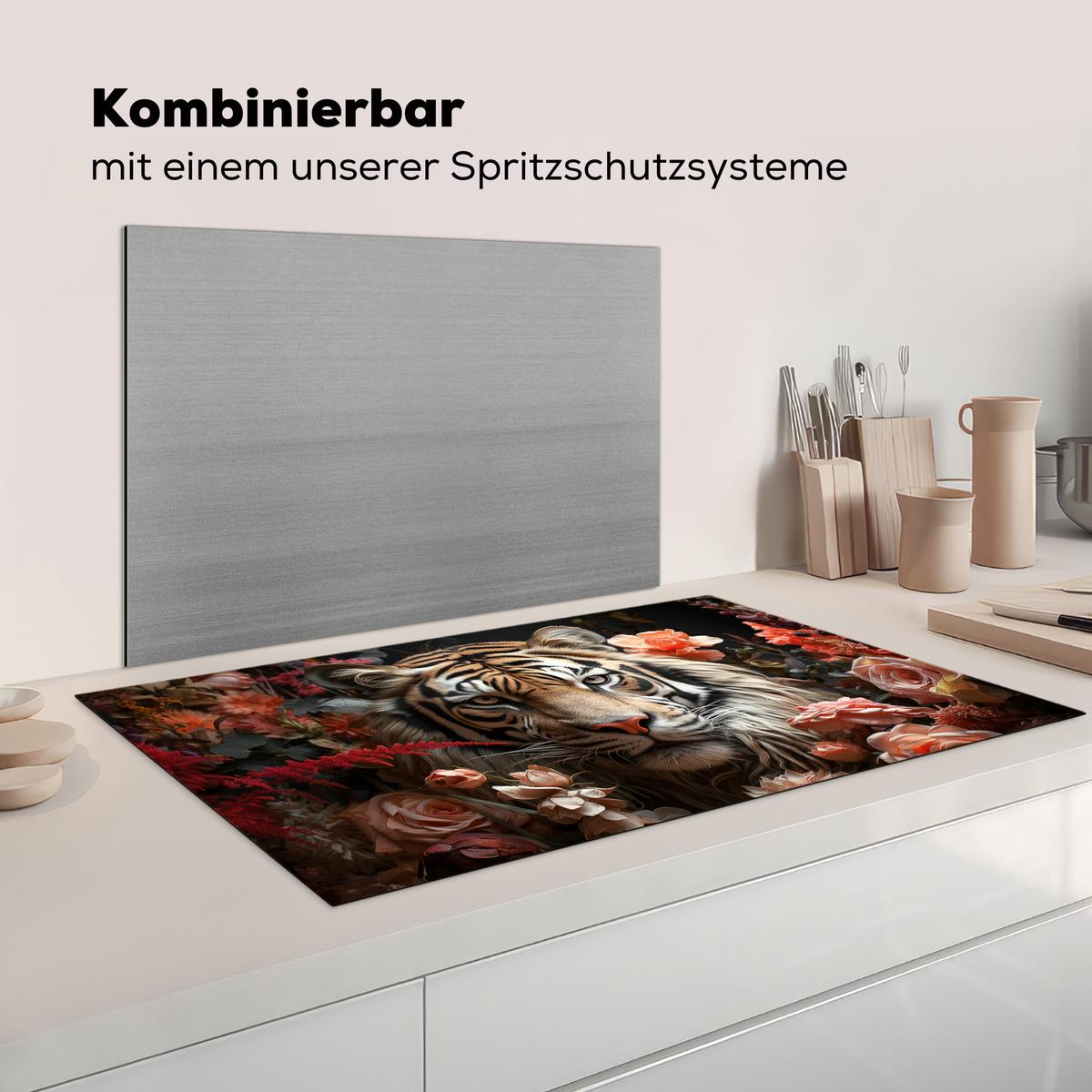HERDABDECKPLATTE Tiger - Tier - Natur - Floral - Botanisch Induktionsschutz 91.2x52 cm - Orange, Kunststoff (91.2/52/0.2cm) - MuchoWow