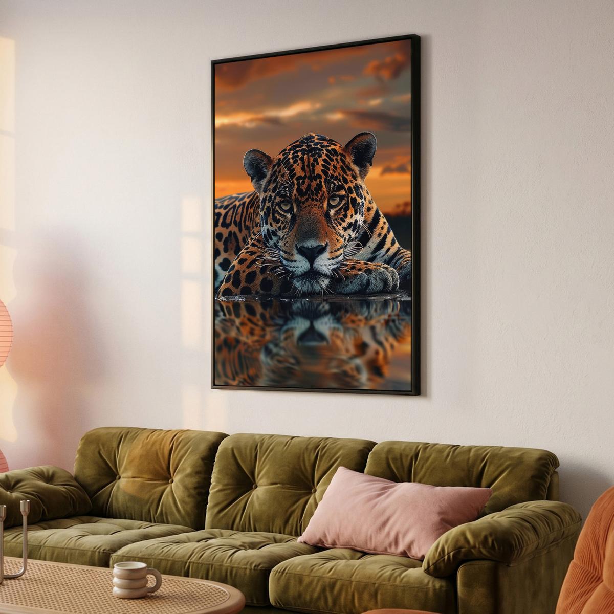 LEINWAND Bilder mit Rahmen - Natur - Leopard - Tier - Sonnenuntergang - Modern - 80x120 - Orange, Textil (80/120cm) - MuchoWow