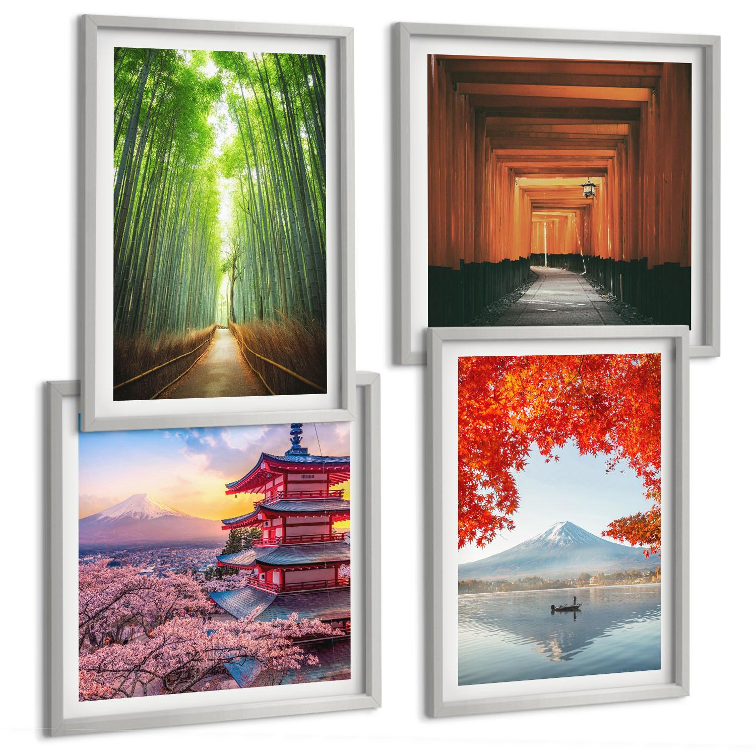 BILDER SET 4er Set - 50x50 cm & 40x60 cm Silberner Rahmen - Fuji-Torii-Bambuswald, Japan - Silberfarben, Kunststoff (50/50cm) - TULUP