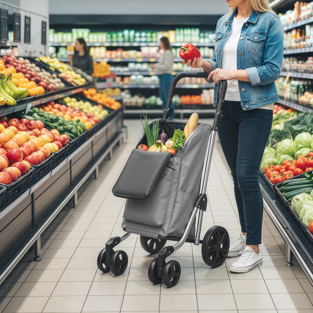 EINKAUFSTROLLEY klappbar Einkaufswagen mit Kühlfach, verstellbar Griff Grau - Schwarz/Grau, Kunststoff/Textil (44/100/58cm) - HOMCOM
