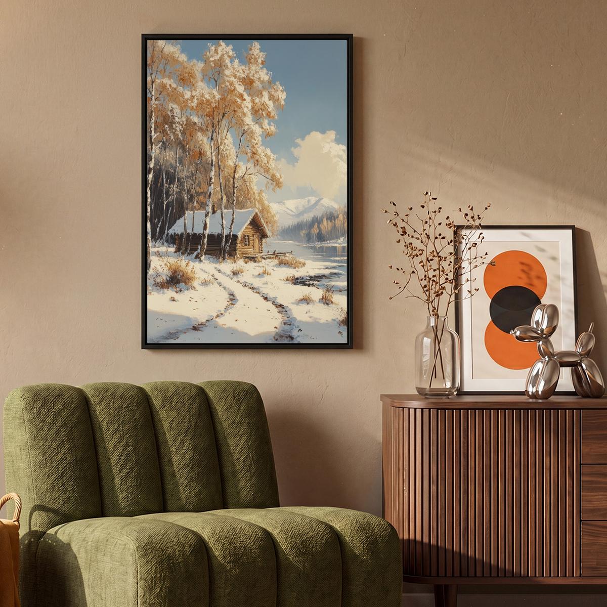 LEINWAND Bilder mit Rahmen - Winter - Schnee - Zuhause - Natur - 60x90 - Hellbraun, Textil (60/90cm) - MuchoWow