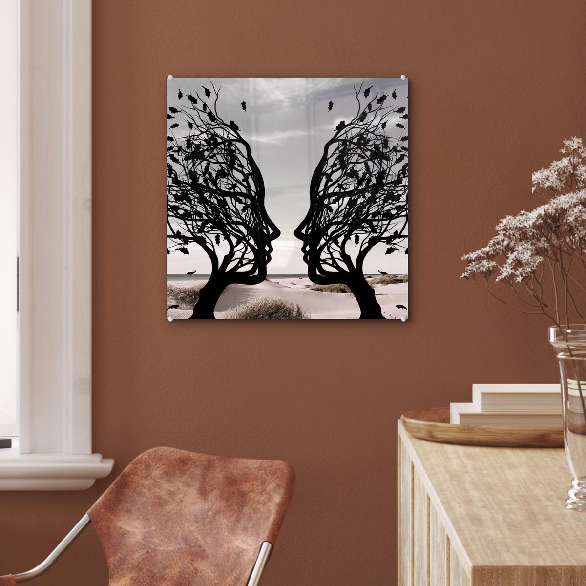ACRYLGLASBILD Strand - Meer - Menschen - Baum - Moderne Kunst 50x50 cm - Hellgrau, Glas (50/50cm) - MuchoWow