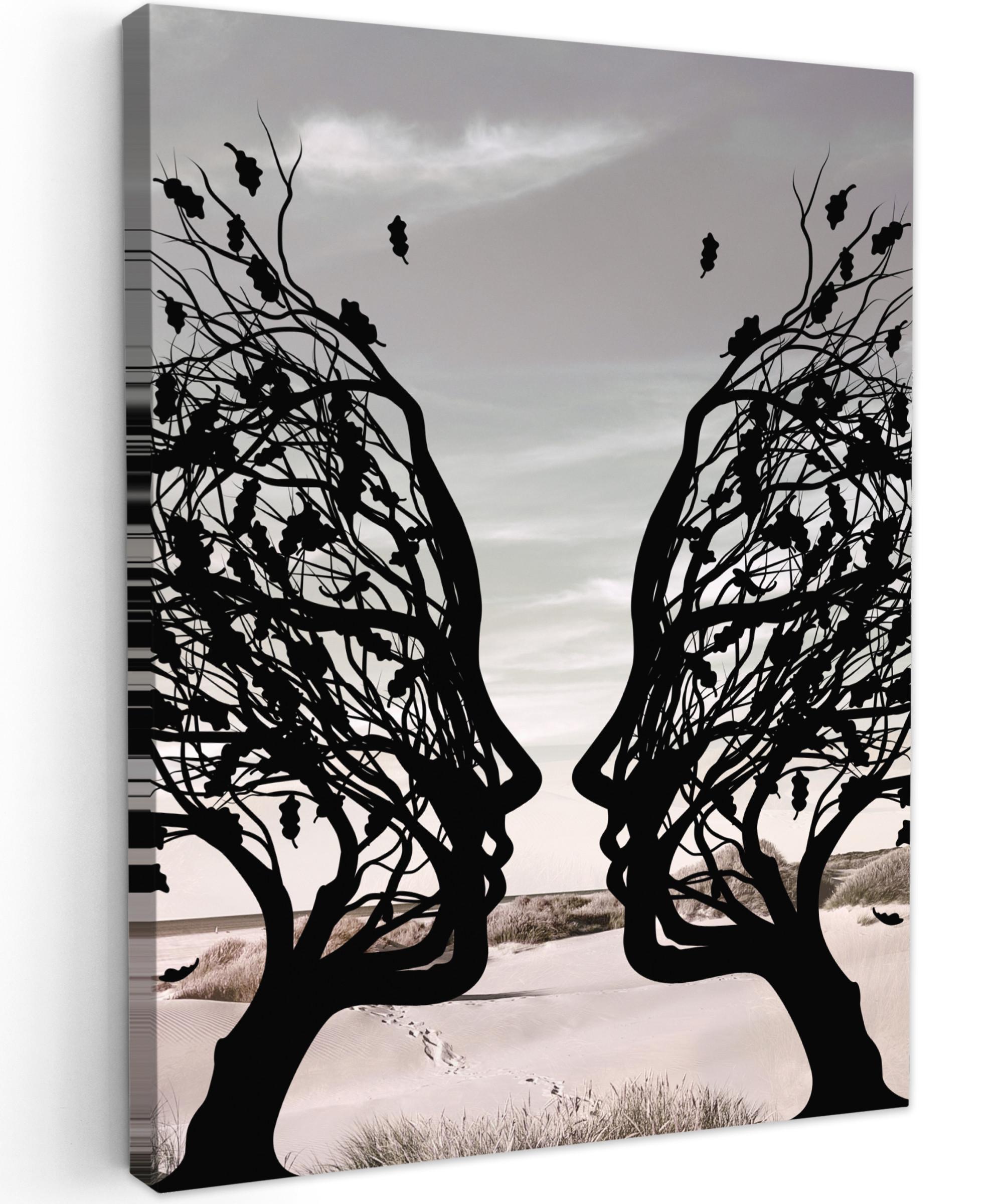 LEINWANDBILD Strand - Meer - Menschen - Baum - Moderne Kunst Wandbild Wohnzimmer 60x80 cm - Hellgrau, Textil (60/80cm) - MuchoWow