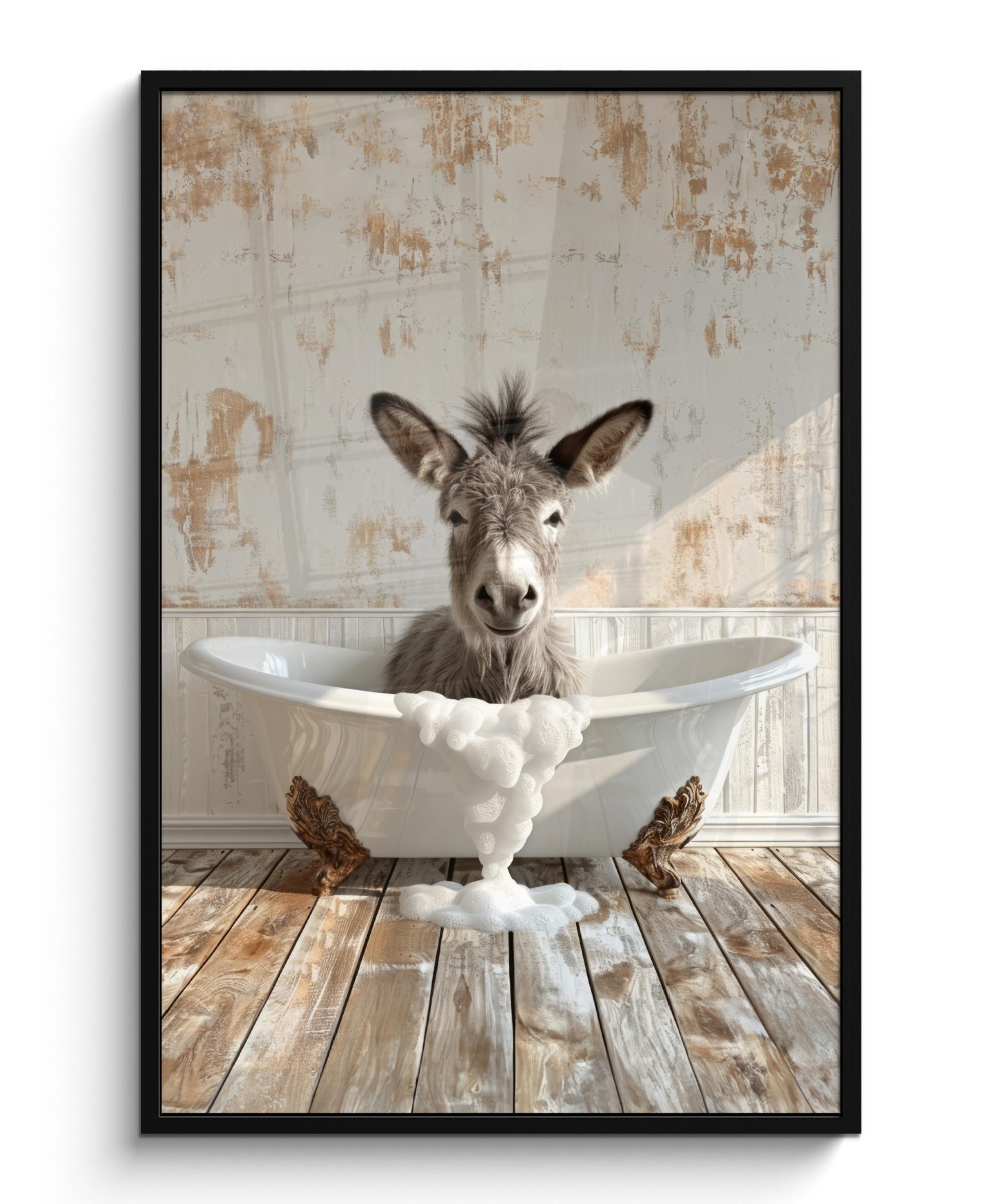POSTER MIT RAHMEN Esel - Tiere - Badewanne - Schaumstoff Bilderleiste 80x120 cm - Weiß, Papier (80/120cm) - MuchoWow