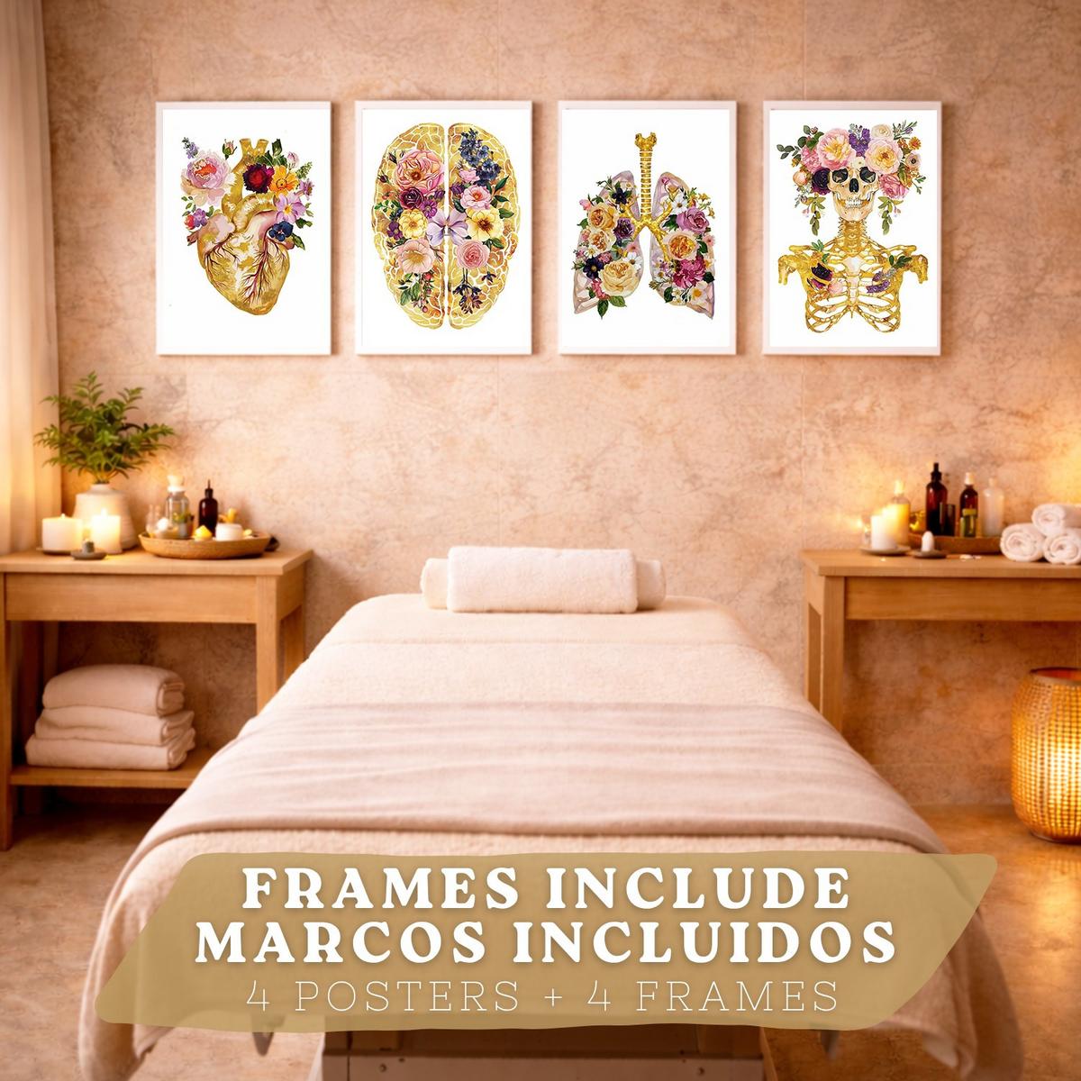 POSTER Set aus 4 Anatomie Mensch Drucke und mit Herz Gehirn Schädel Lungen Luftröhre Bronchien Goldener Floraler Stil Größe Weißer Rahmen A3 - Weiß, Papier (29.7/42/3cm) - Nacnic