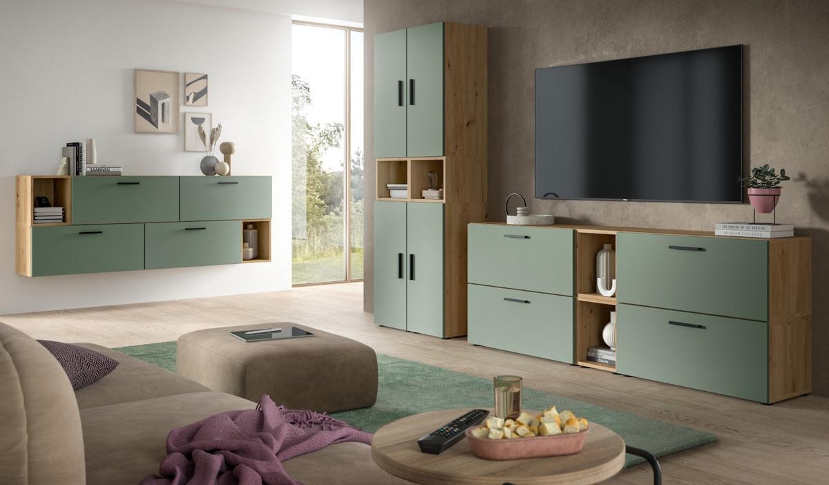 SIDEBOARD grün, Eiche Artisan 277 cm, Kommode mit Soft-Close - Schwarz/Eiche Artisan, Holzwerkstoff/Kunststoff (277/65/34cm) - Inn.Furn