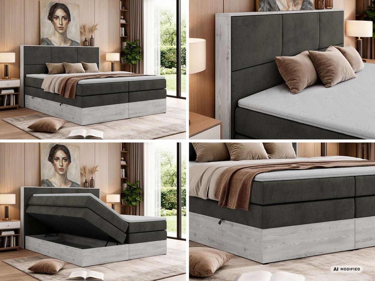 BOXSPRINGBETT DELNOR KING 200/200 - Dunkelgrau Velvet - Topper Visco - H3 - Dunkelgrau/Anthrazit, Kunststoff/Textil (200/200cm) - MKS