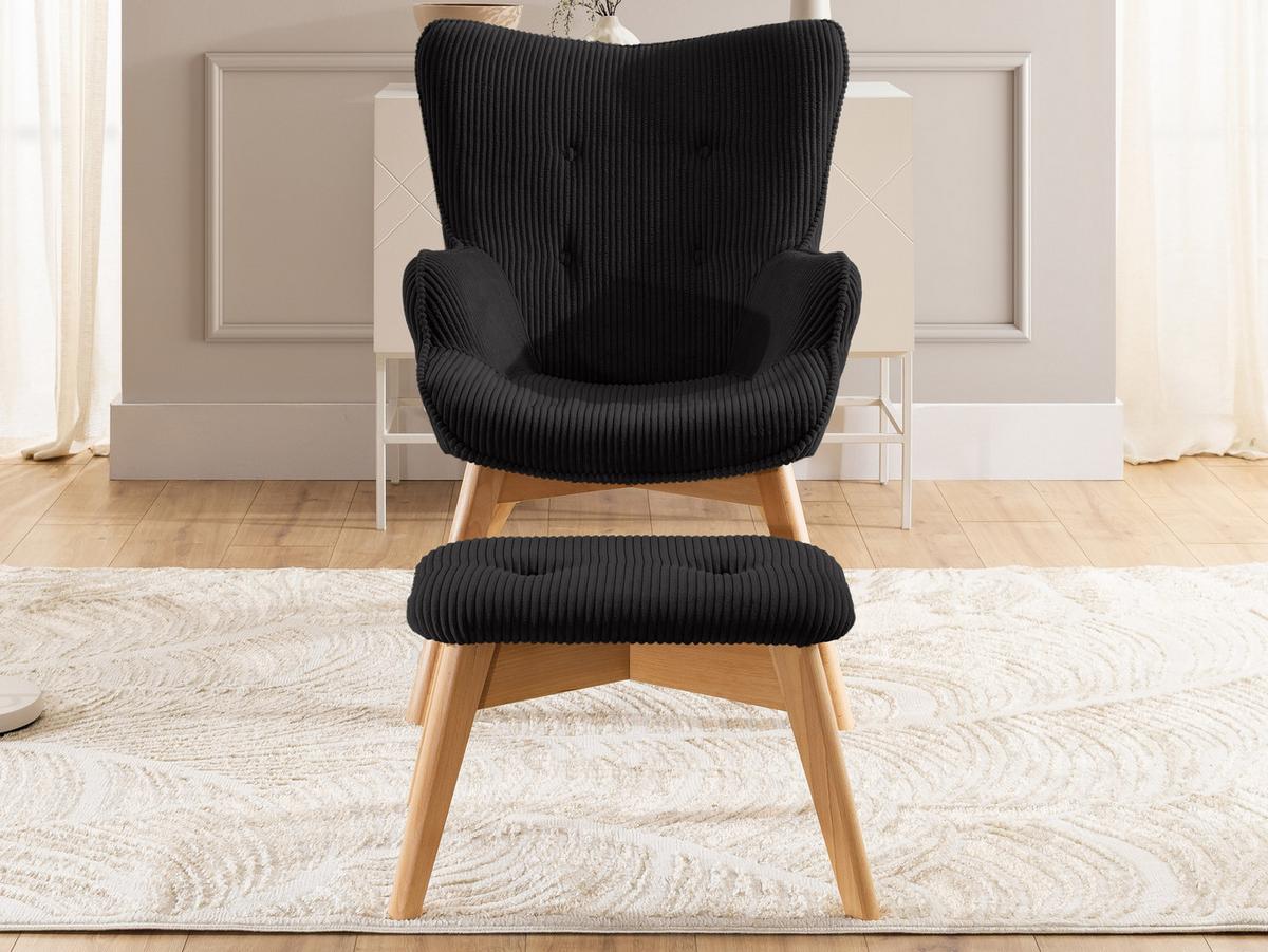 LOUNGESESSEL mit Fußhocker Lenari Schwarz Cordstoff mit Füßen in Natur - Schwarz/Naturfarben, Holz/Textil (71/96/86cm) - S-Style Möbel