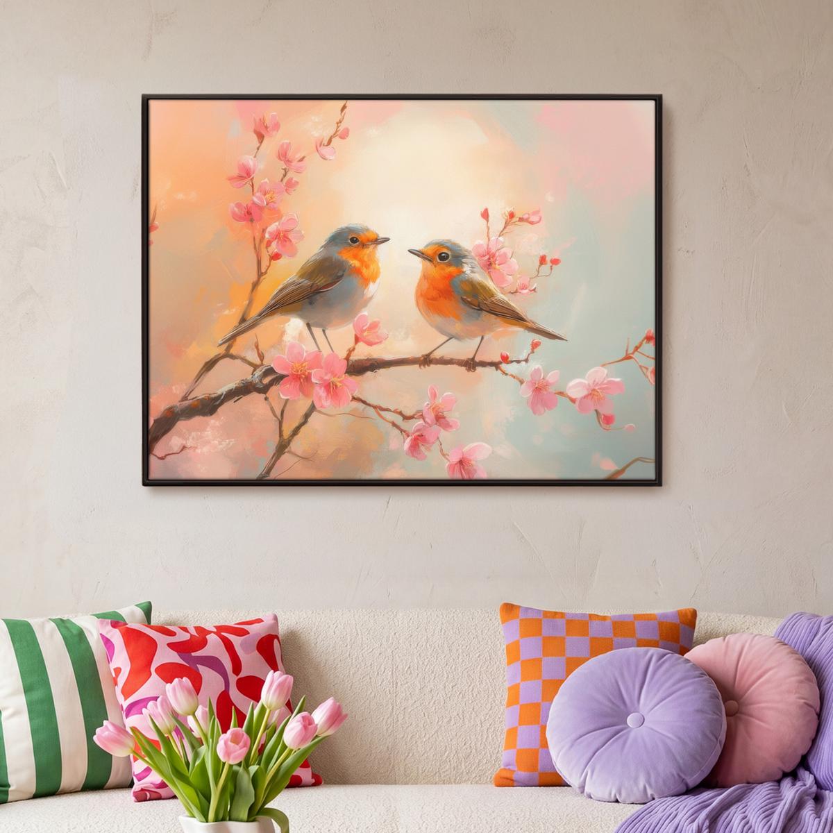 LEINWAND Bilder mit Rahmen - Rotkehlchen - Zierpflanze - Blütenzweig - 100x70 - Hellrosa, Textil (100/70cm) - MuchoWow