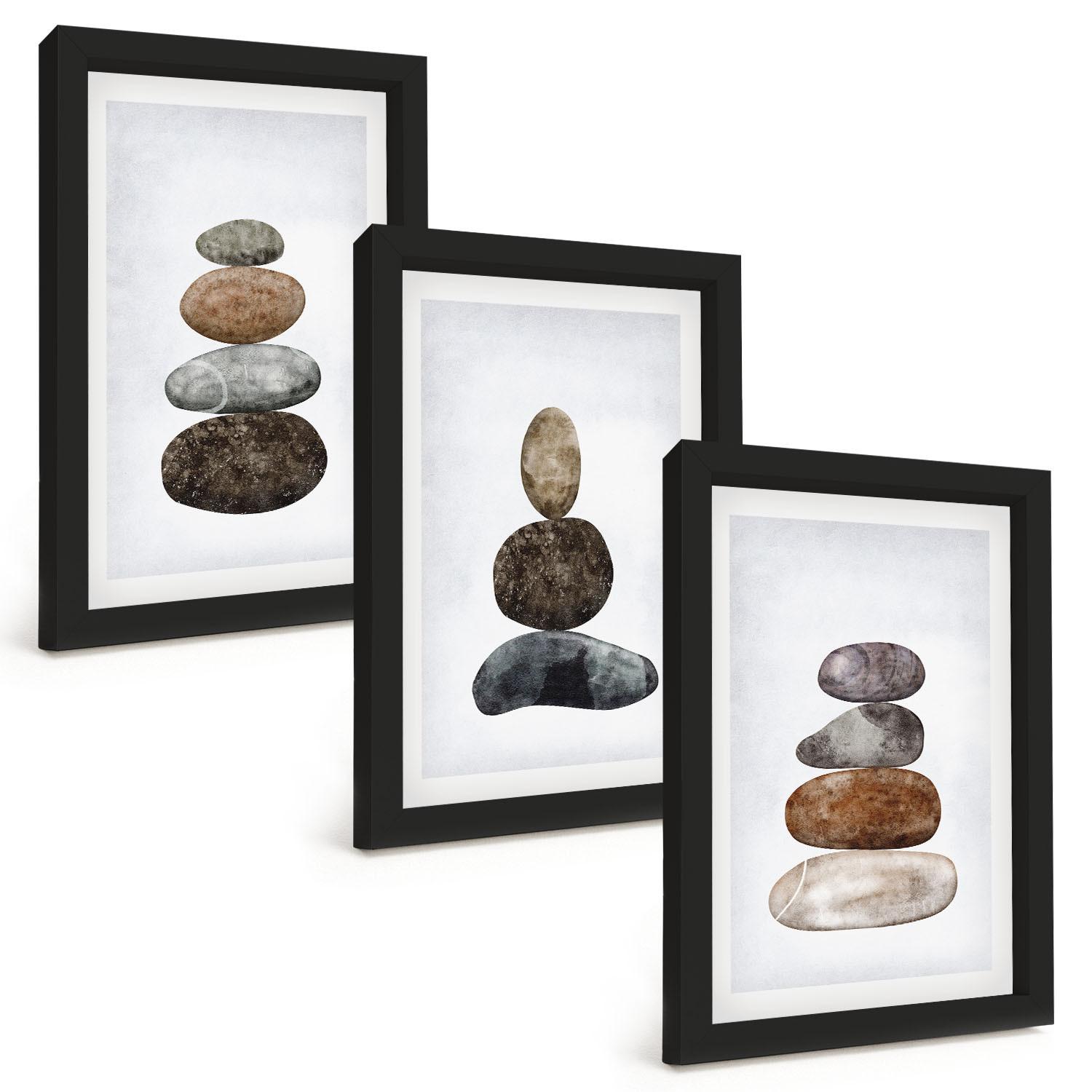 BILDER SET 3er Set - 20x30 cm Schwarzer Rahmen - Minimalistische Boho-Steine - Schwarz, Kunststoff (20/30cm) - TULUP