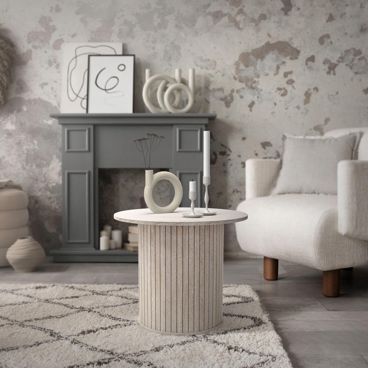 COUCHTISCH rund Ø60 x 50 cm Stein-Optik Beige - Beige, Holz (60/60/50cm) - ML-DESIGN