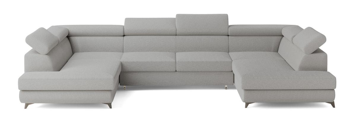 WOHNLANDSCHAFT VINTESSA Hellgrau Boucle-Stoff mit Schlaffunktion - Hellgrau, Holz (323/89/190cm) - MASSENO