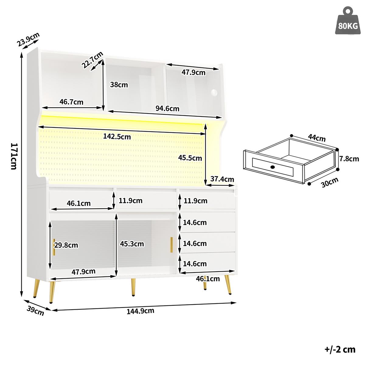 KÜCHENSCHRANK 171 cm mit Smart-LED, Glasfront & Lochwand - Weiß, Holzwerkstoff (145/171/39cm) - Urban Meuble