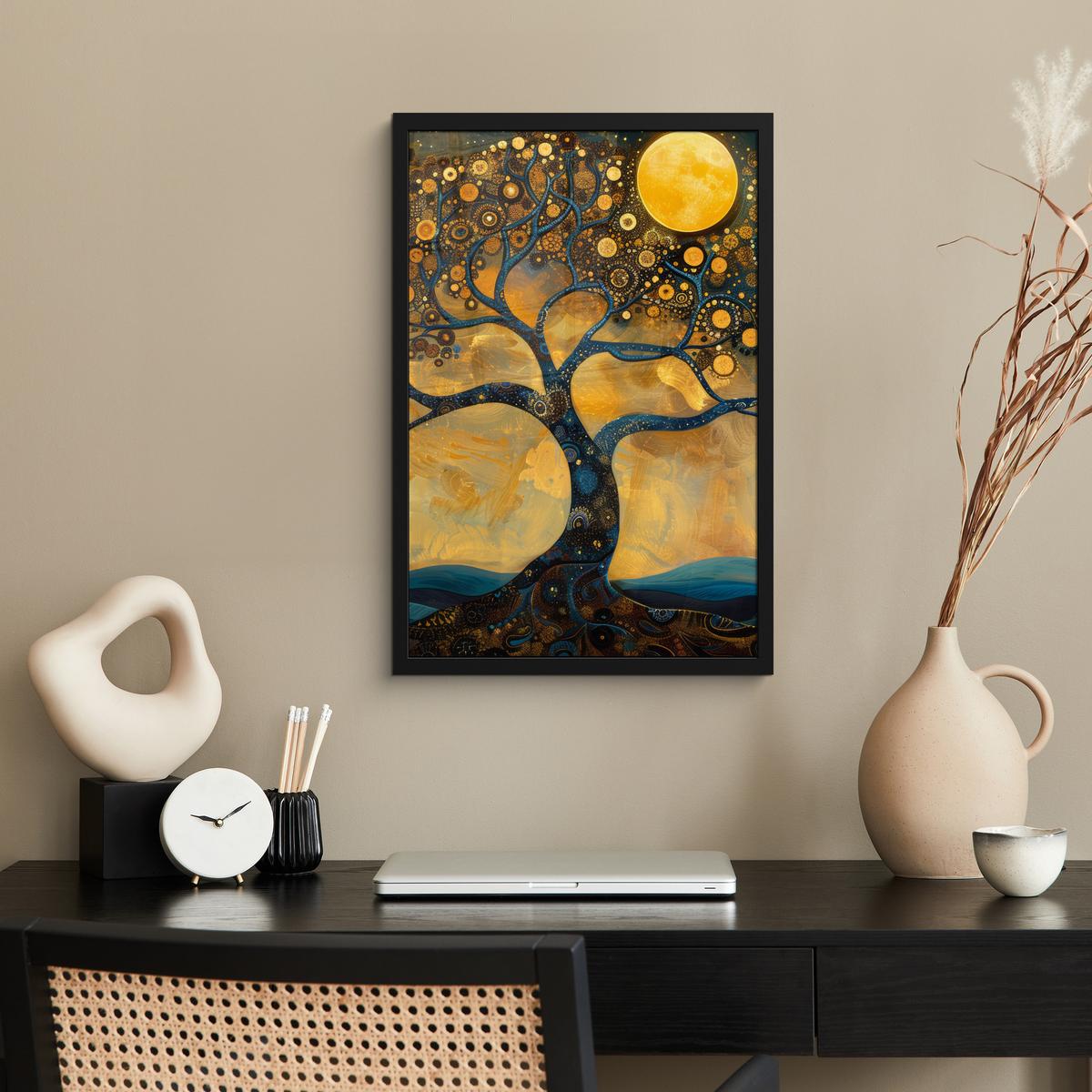 POSTER MIT RAHMEN Baum - Mond - Blumen - Gold - Kunst Bilder mit Rahmen 40x60 cm - Orange, Papier (40/60cm) - MuchoWow