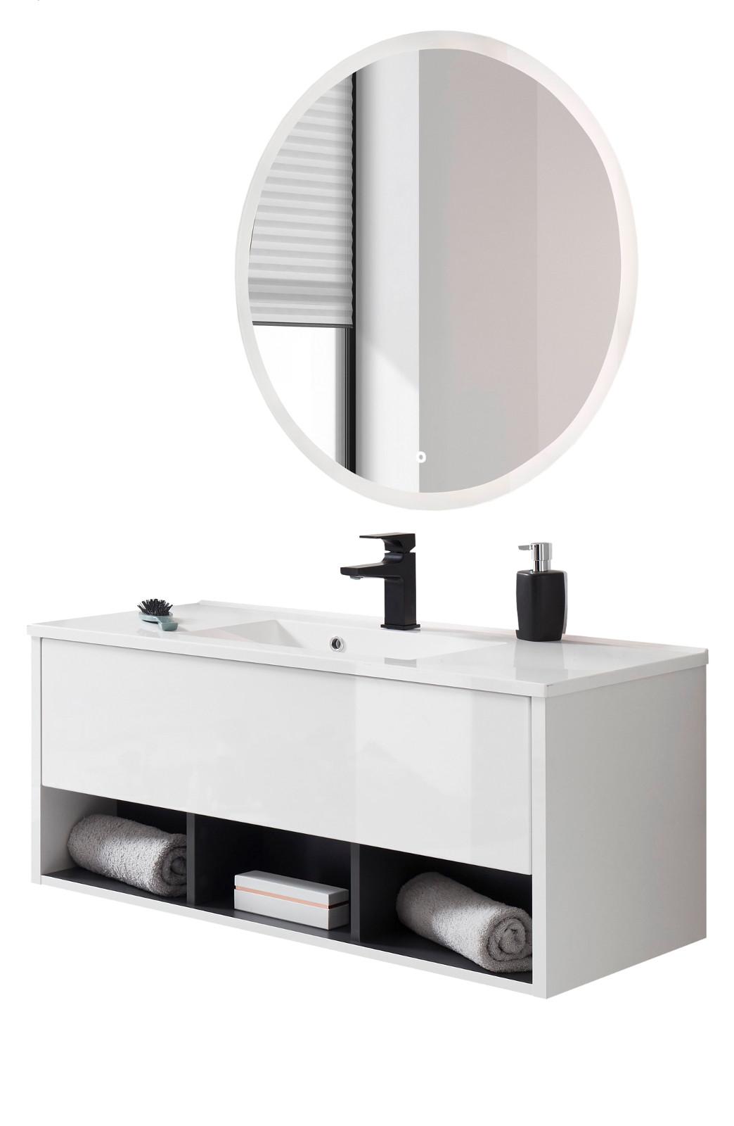 BADMÖBEL-SET weiß Hochglanz, grau, Kombination mit Waschbecken und LED Beleuchtung 100 cm - Weiß Hochglanz/Grau, Glas/Holzwerkstoff (100/190/47cm) - Furn.Design