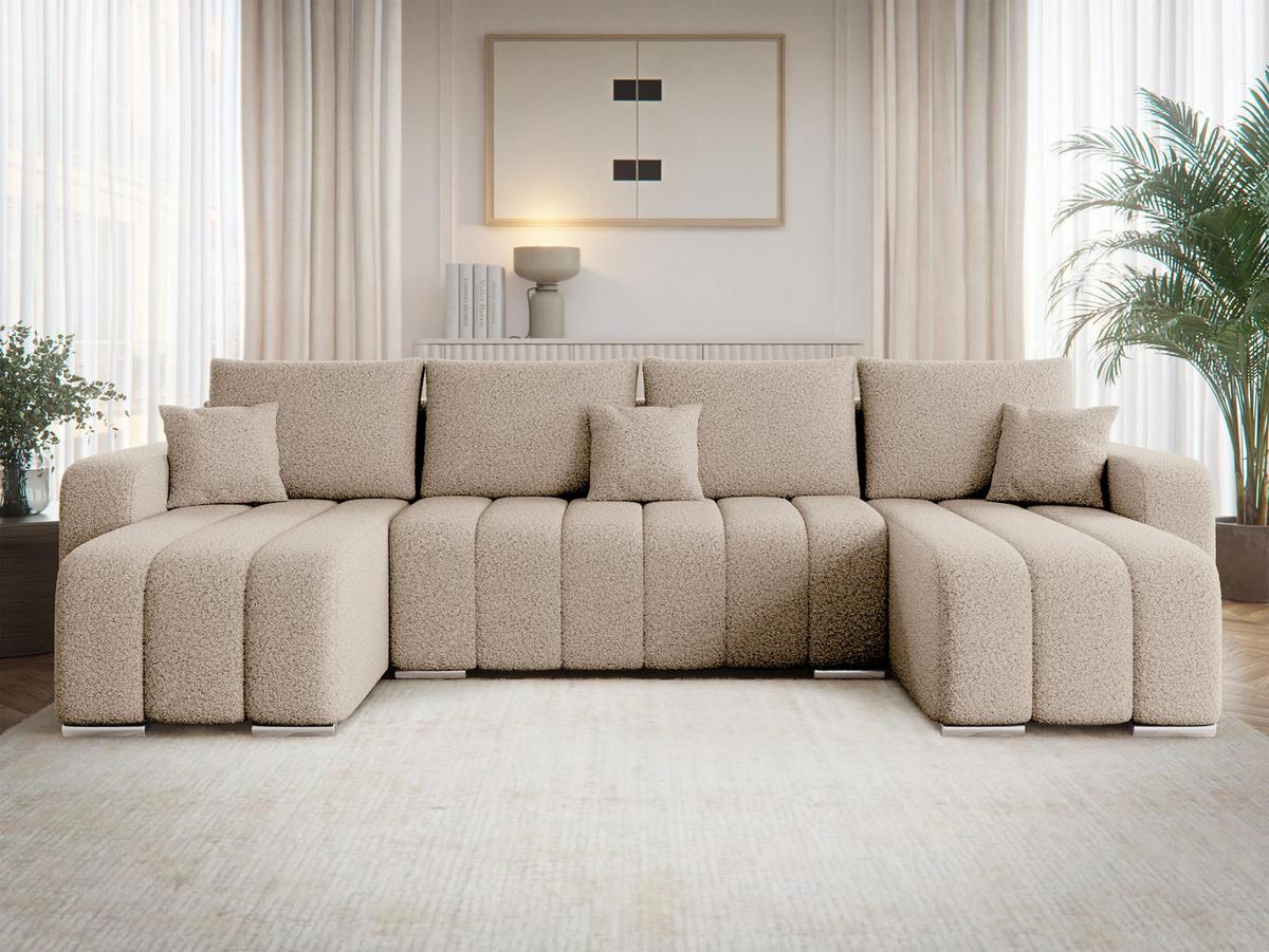 WOHNLANDSCHAFT Pufetto U Boucle - Beige/Silberfarben, Holz/Textil (313/86/147cm) - MIRJAN24