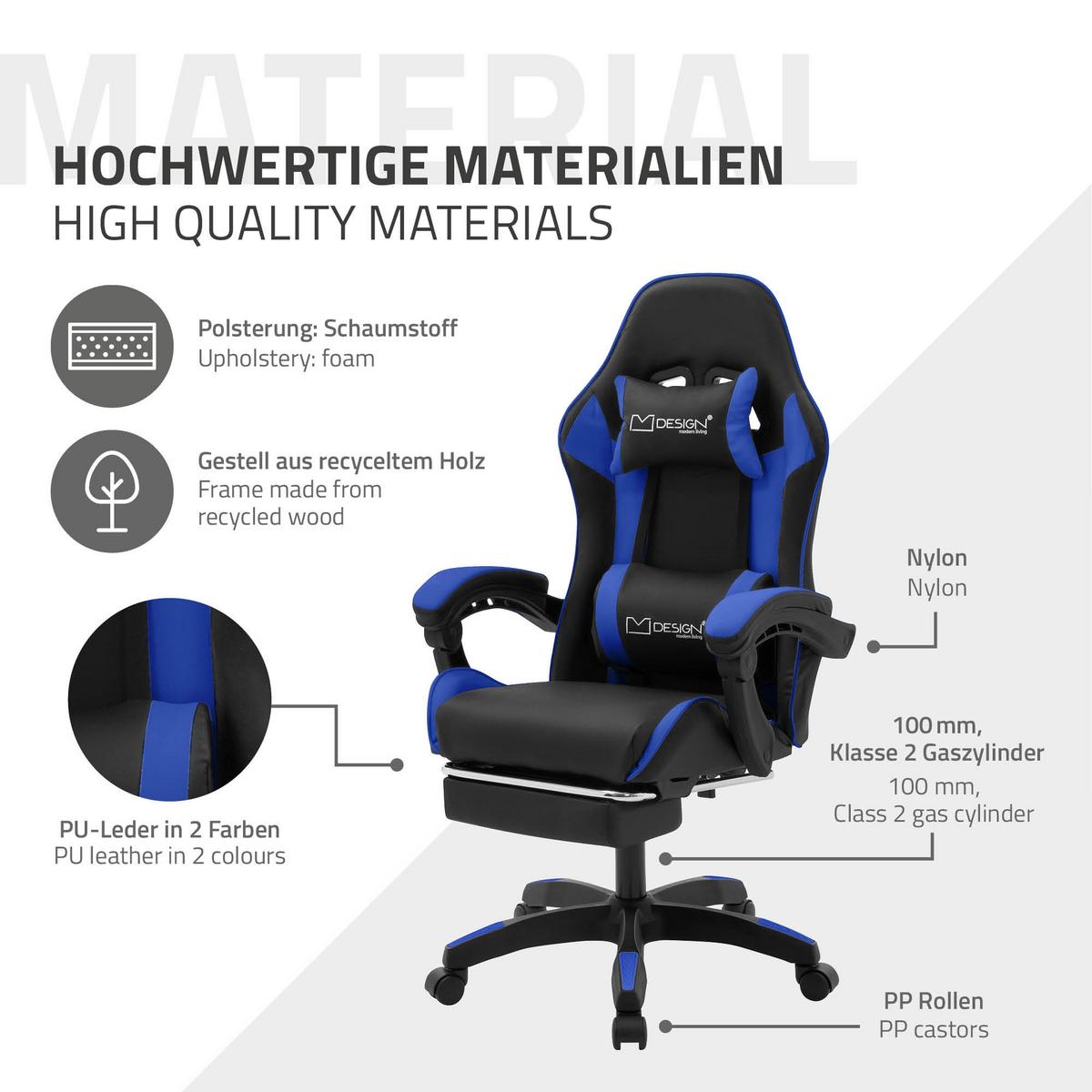 GAMINGSTUHL Schwarz-Blau aus Kunstleder - Blau/Schwarz, Kunststoff/Metall (62/119/62cm) - ML-DESIGN