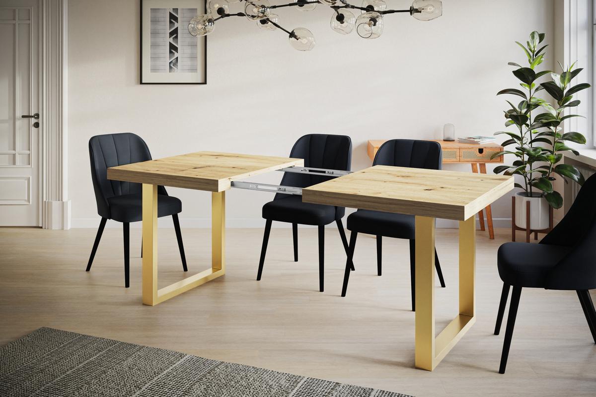 INDUSTRIELLER Esszimmertisch LOFT-U, ausziehbarer Tisch, Größe: 120-220X80X77 cm, Wohnzimmertisch Farbe: ARTISAN, mit Metallbeinen in Farbe Gold - Hellbraun/Goldfarben, Holzwerkstoff (120/80/77cm) - Alpi-Möbel