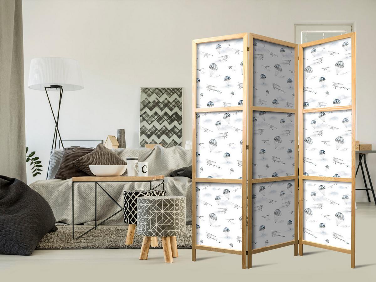 PARAVENT Japanischer 3-tlg 135x172 cm Flugzeuge Und Fallschirme - Weiß, Holz/Textil (135/172/3cm) - Muralo