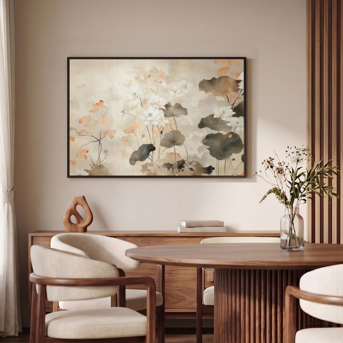 LEINWAND Bilder mit Rahmen - Blumen - Japandi - Wabi sabi - 90x60 - Sandfarben, Textil (90/60cm) - MuchoWow
