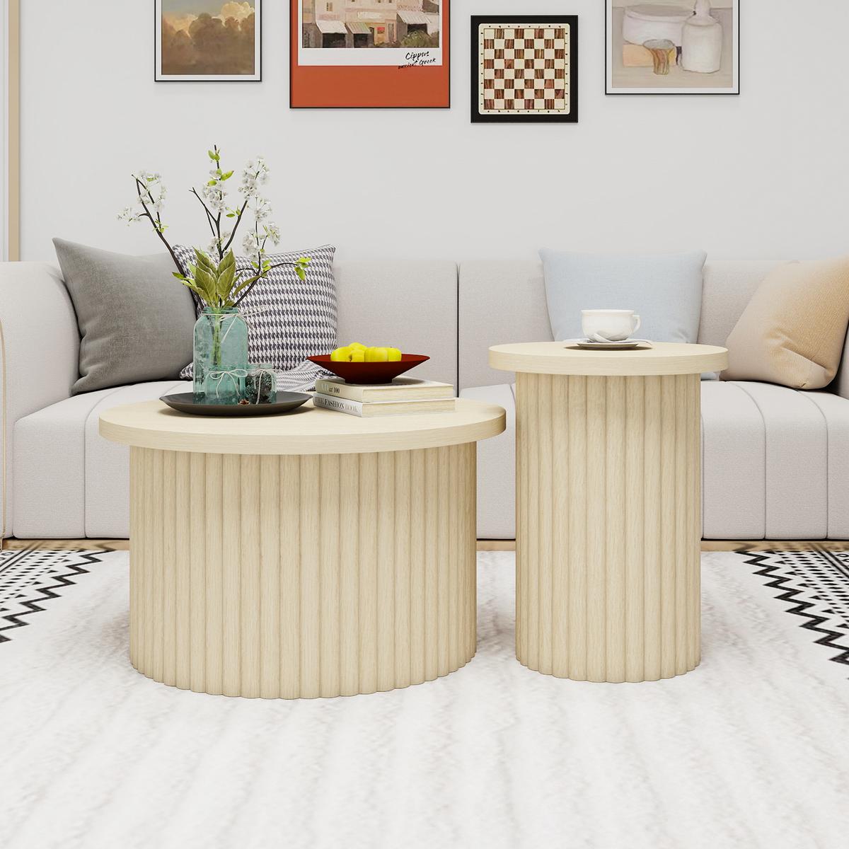 COUCHTISCH SET – Rundes 2er-Set aus Holzoptik, Skandinavisches Design - Weiß, Holzwerkstoff (69/69/41cm) - Urban Meuble