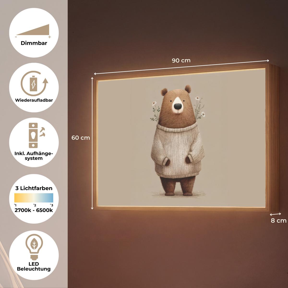 NACHTTISCHLAMPE MIT AKKU Bär - Weiße Blumen - Gemütlich 90x60 cm - Taupe, Holzwerkstoff (8/90/60cm) - OnlyWow