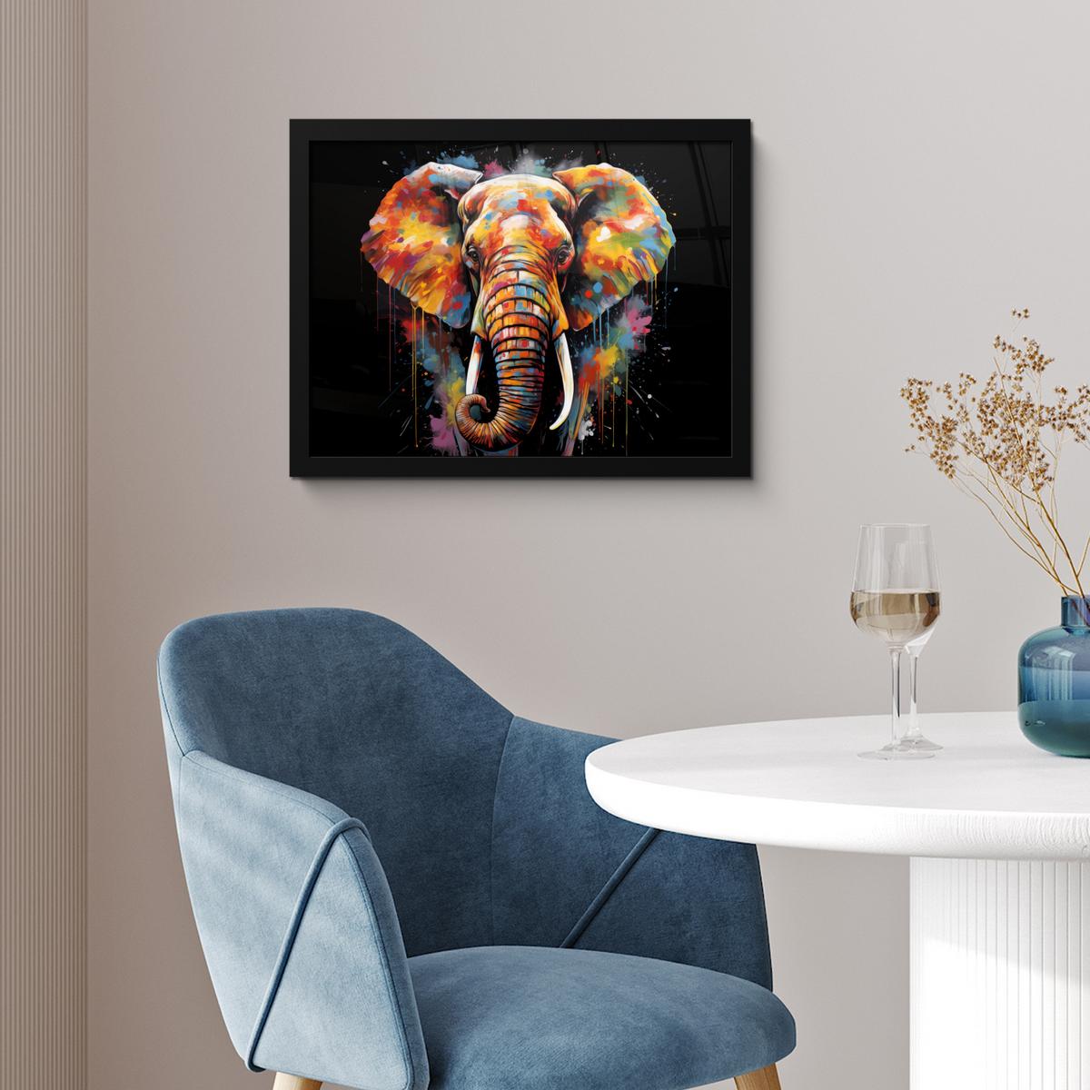 POSTER MIT RAHMENGERAHMTES BILD Elefant - Graffiti - Schwarz - Tiere - Farben 40x30 cm - Schwarz, Papier (40/30cm) - MuchoWow