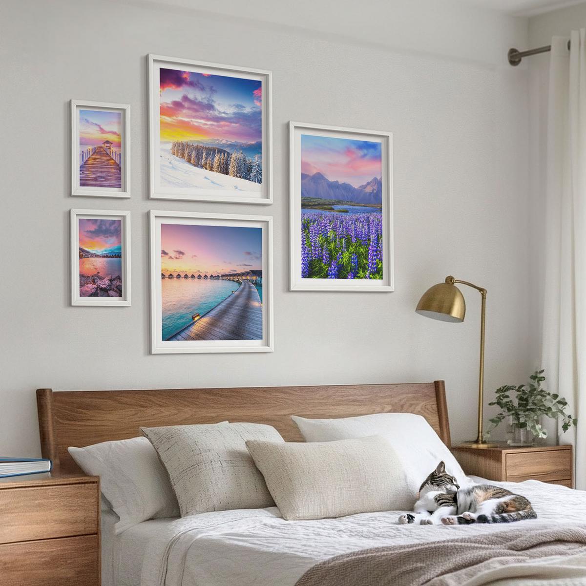 BILDER SET 5er Set - 50x50 cm & 20x30 cm & 40x60 cm Weißer Rahmen - Winterlandschaft des Pierbergs - Weiß, Kunststoff (40/60cm) - TULUP