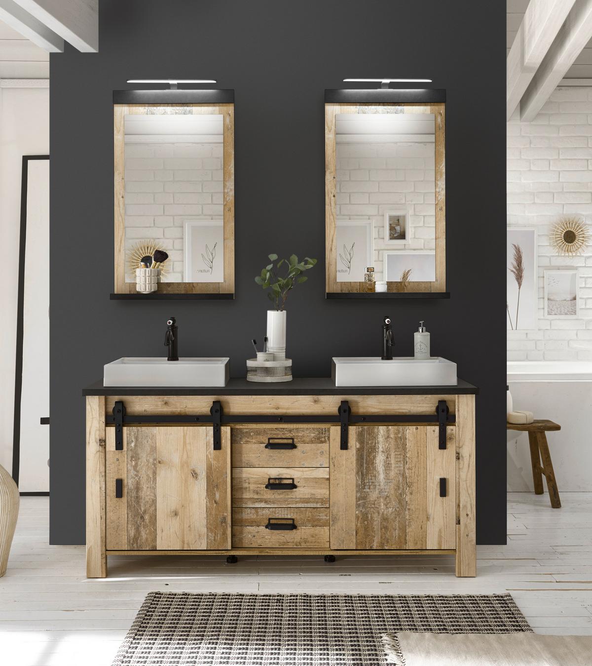 DOPPELWASCHTISCH Used Wood hell, anthrazit, Waschtisch Komplett-Set inkl. 2x Waschbecken, 164 cm - Eichefarben/Anthrazit, Holz/Holzwerkstoff (164/81/43cm) - Furn.Design