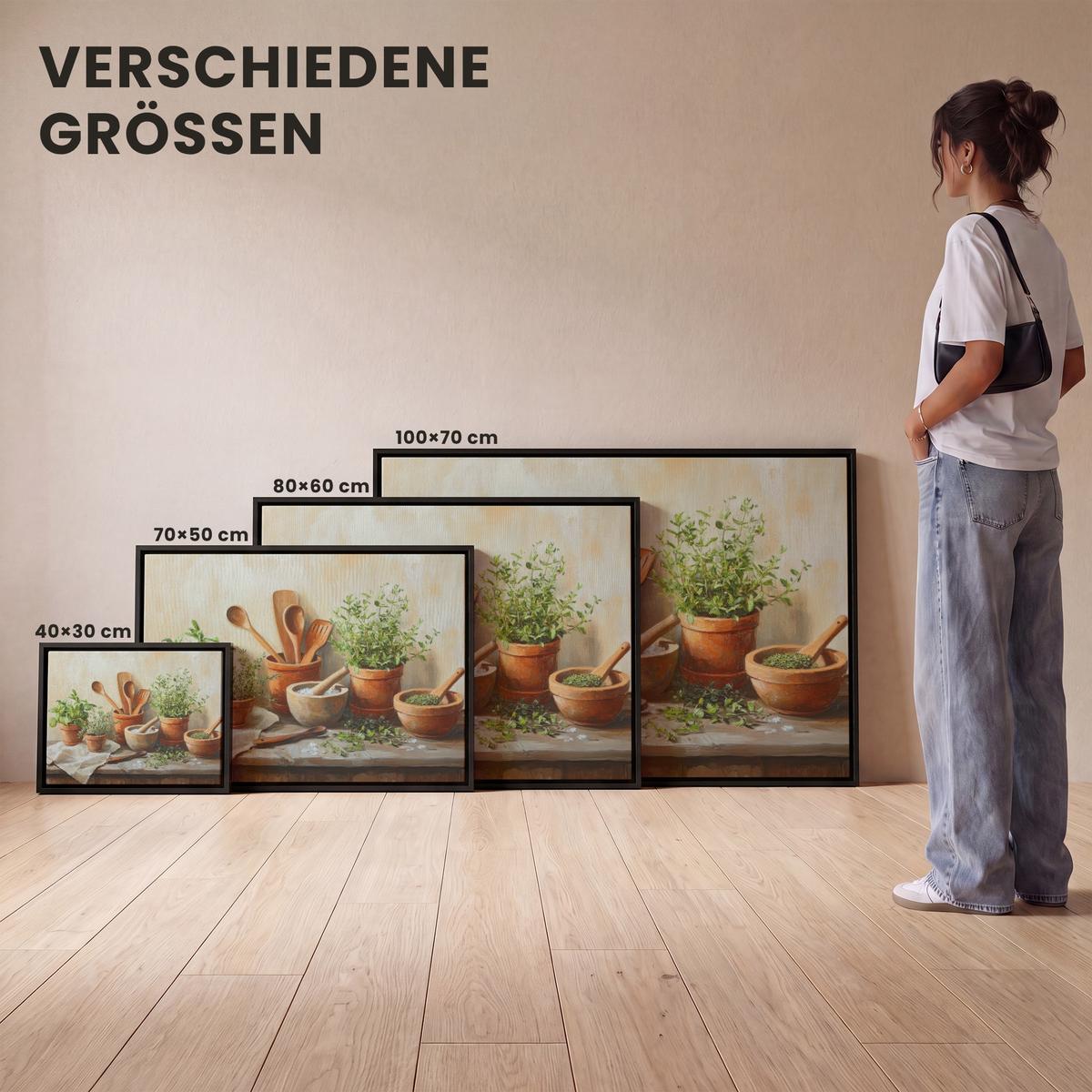LEINWAND Bilder mit Rahmen - Töpfe - Kräuter - Holz - 100x70 - Terracotta, Textil (100/70cm) - MuchoWow
