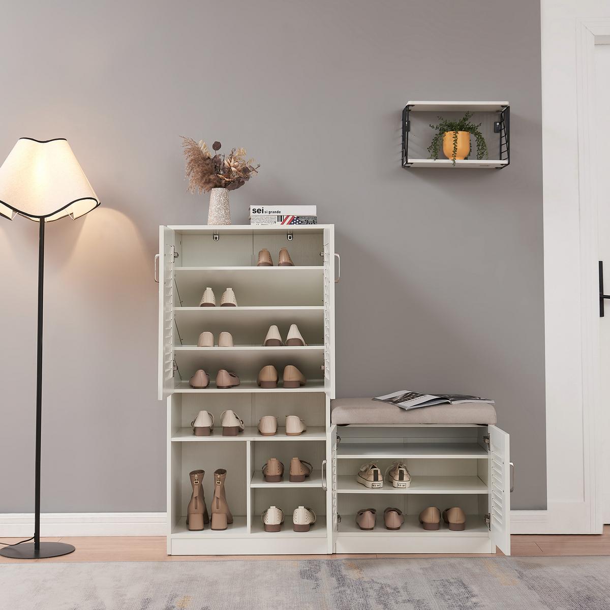 SCHUHSCHRANK Løten mit Sitzbank - Grau, Holzwerkstoff/Kunststoff (120/120/36.5cm) - [en.casa]