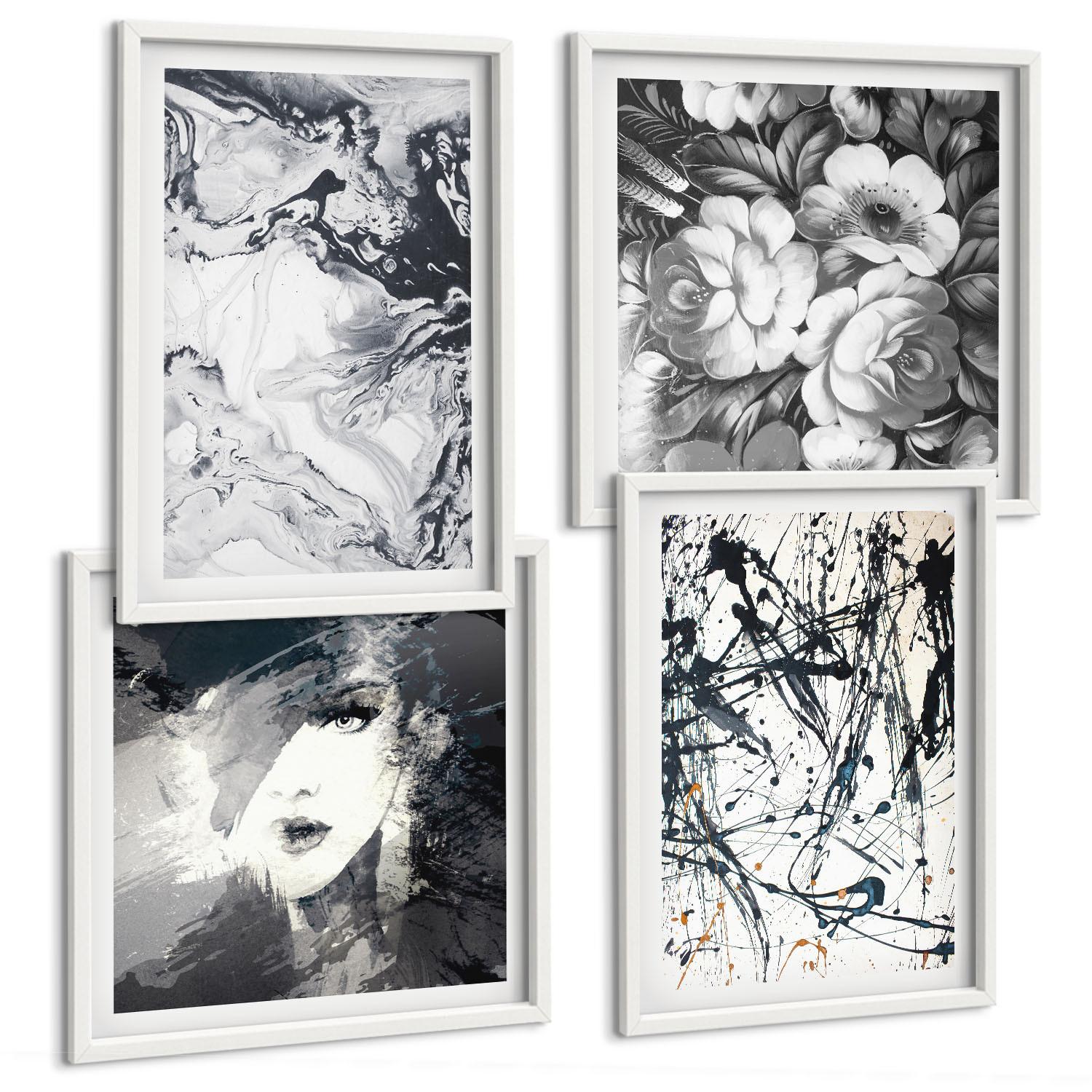 BILDER SET 4er Set - 50x50 cm & 40x60 cm Weißer Rahmen - Abstrakte schwarz-weiße Muster - Weiß, Kunststoff (50/50cm) - TULUP
