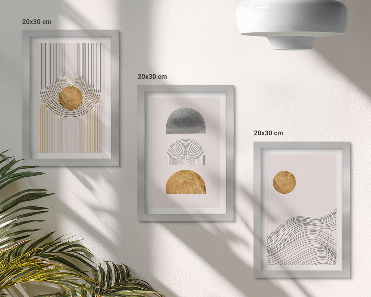 BILDER SET 3er Set - 20x30 cm Silberner Rahmen - Abstrakte Formen in Beige und Grau - Silberfarben, Kunststoff (20/30cm) - TULUP