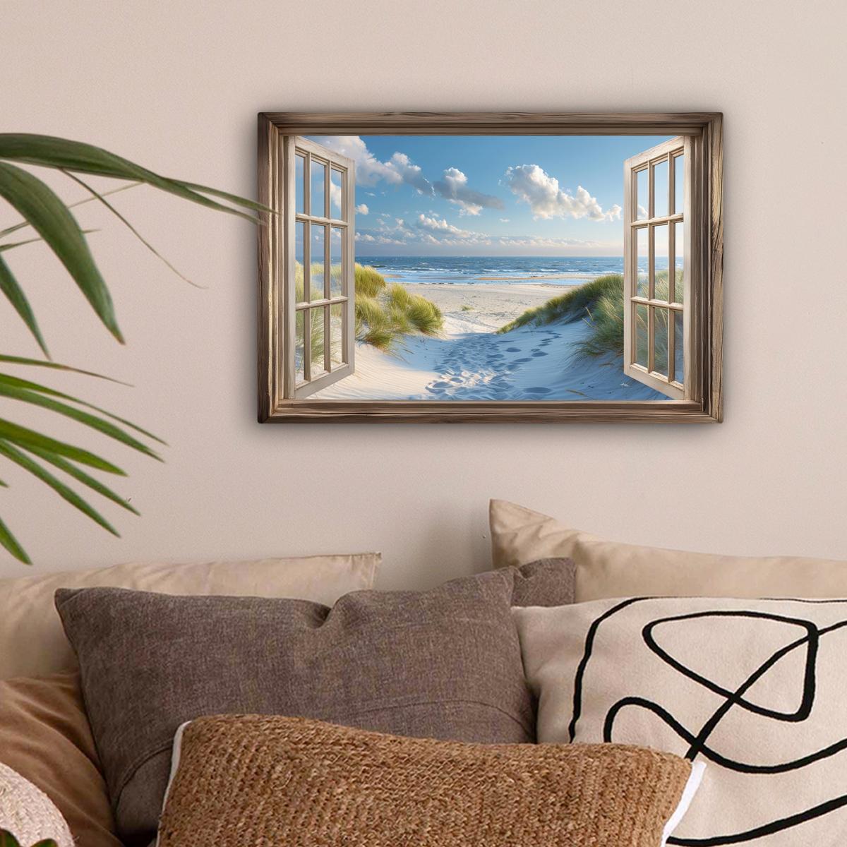 LEINWANDBILD Aussicht - Strand - Fenster - Dünen - Meer Deko Schlafzimmer 30x20 cm - Hellblau, Textil (30/20cm) - MuchoWow