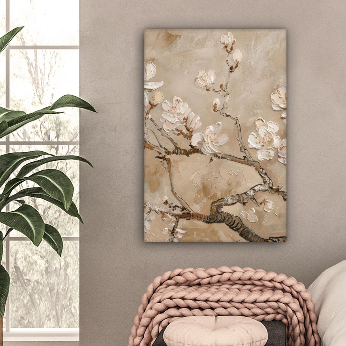 LEINWANDBILD Blumen - Modern - Beige - Weiß - Blüte Wanddeko Schlafzimmer 60x90 cm - Beige, Textil (60/90cm) - MuchoWow
