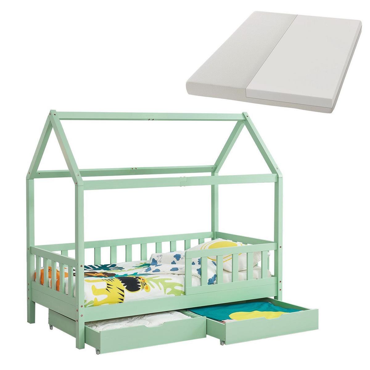 KINDERBETT Marli mit Matratze und Bettkasten mint 90x200 cm - Mintgrün, Holz (90/200cm) - Juskys