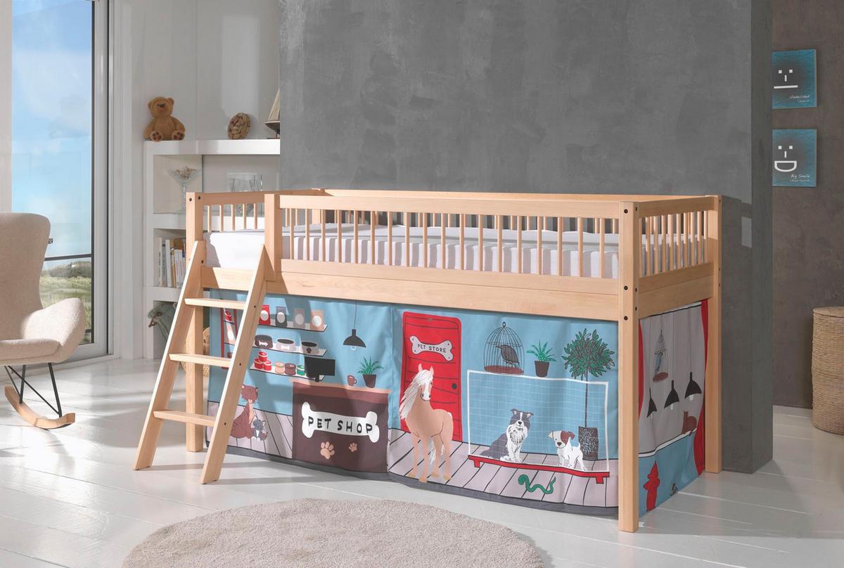 HALBHOHES BETT Kelci 90x200 Textilset Pet Shop Buche Massivholz natur - Buchefarben, Holz (90/200cm) - 58aufmkessel