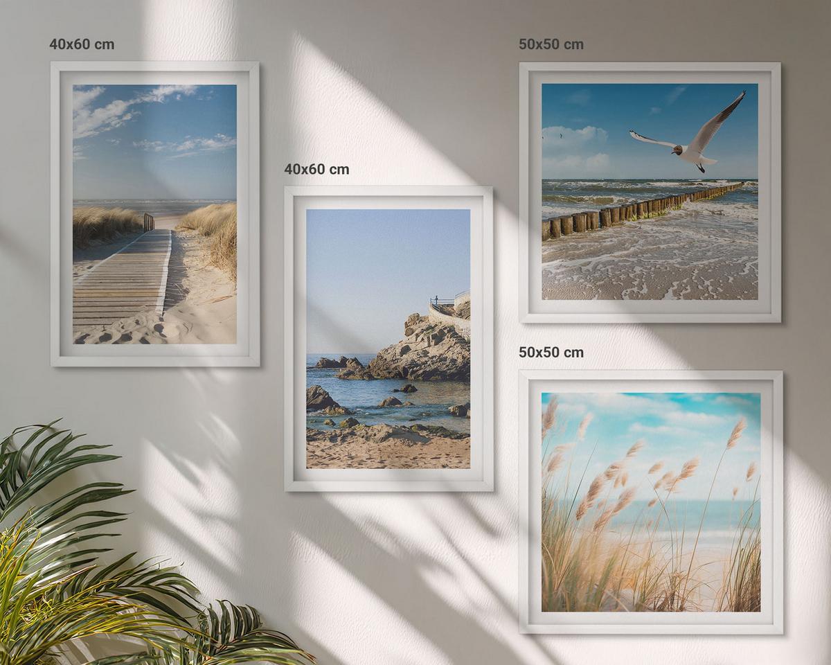 BILDER SET 4er Set - 50x50 cm & 40x60 cm Weißer Rahmen - Strand Holzsteg Klippen - Weiß, Kunststoff (50/50cm) - TULUP