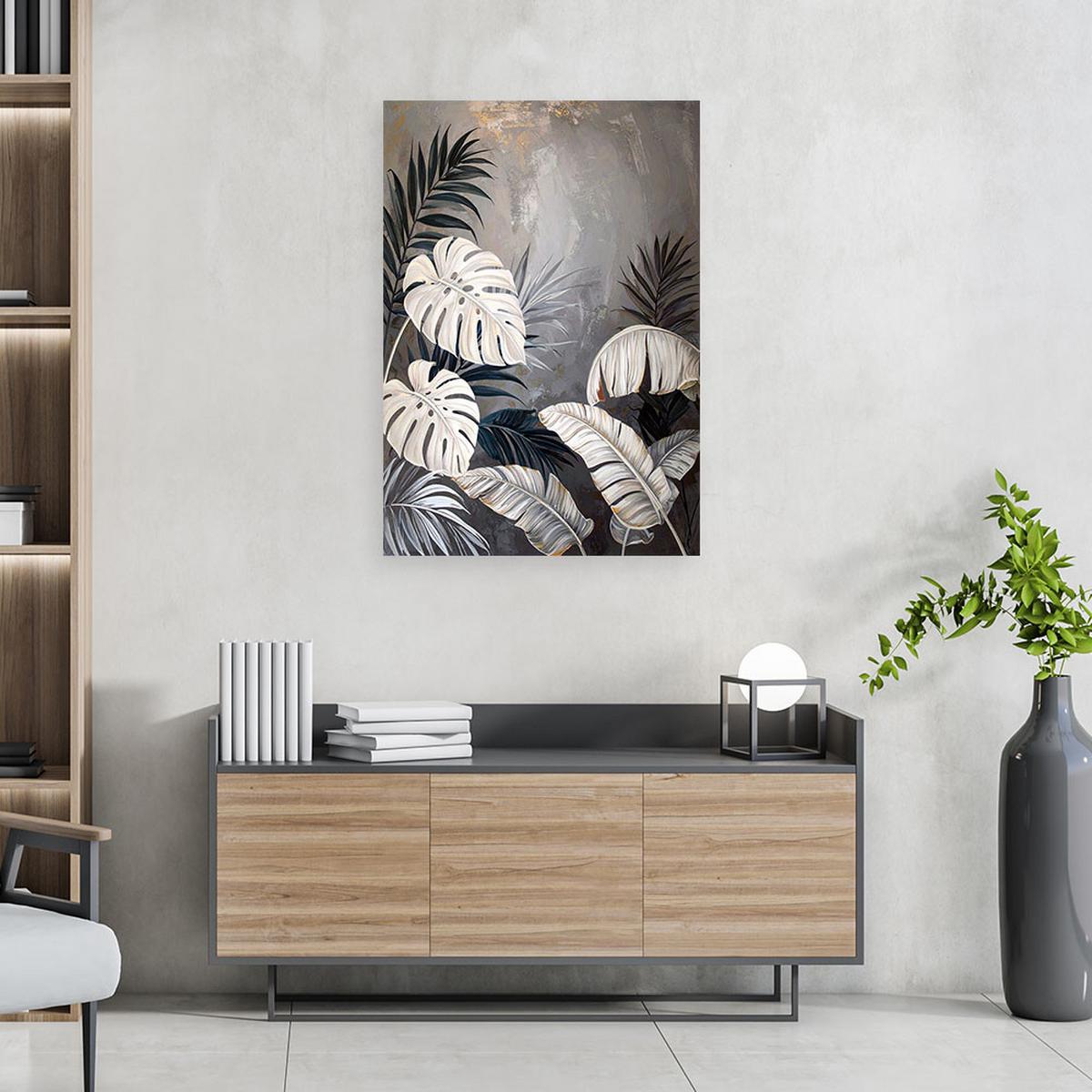 WANDBILD, Monstera- und Bananenblätter auf grauem Hintergrund - Weiß, Textil (60/90cm) - Feeby
