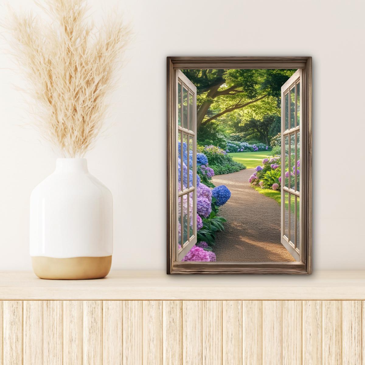 LEINWANDBILD Aussicht - Garten - Fenster - Hortensie - Blumen Deko Wohnzimmer 20x30 cm - Pastellblau, Textil (20/30cm) - MuchoWow