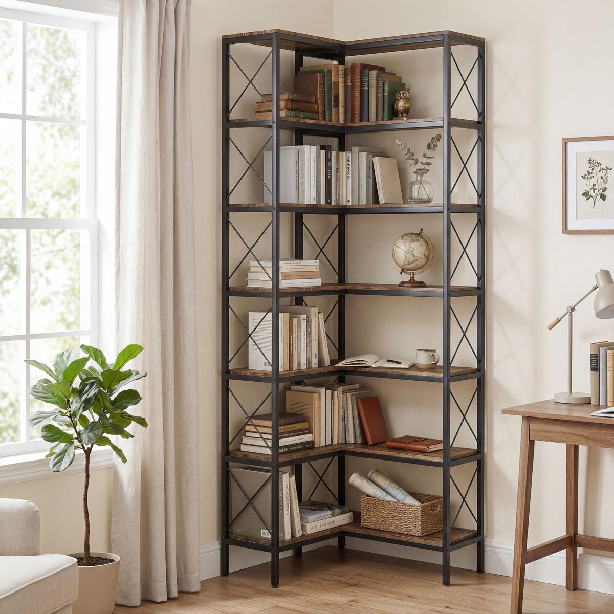 BÜCHERREGAL Spanplatte Metall Rustikal-Braun - Schwarz/Braun, Holzwerkstoff/Metall (60/200/60cm) - HOMCOM