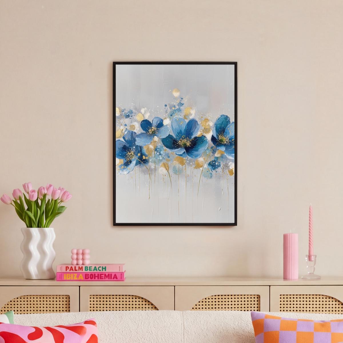 LEINWAND Bilder mit Rahmen - Blumen - Blau - Abstrakt - 50x70 - Hellgrau, Textil (50/70cm) - MuchoWow