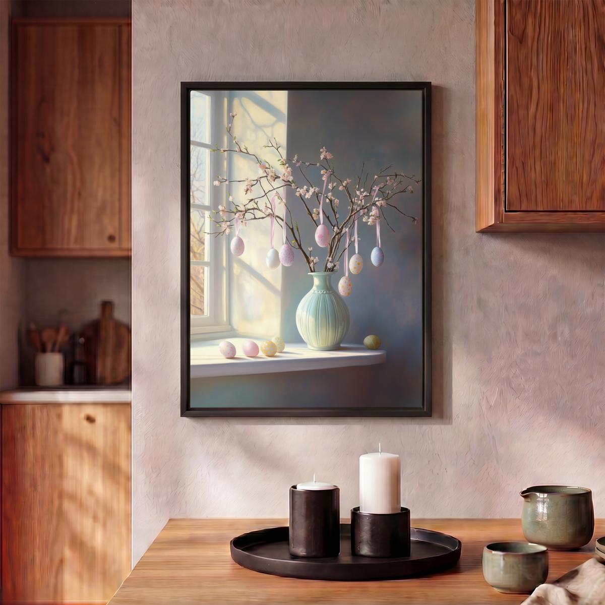 LEINWAND Bilder mit Rahmen - Stillleben - Vase - Osterzweig - 30x40 - Hellblau, Textil (30/40cm) - MuchoWow