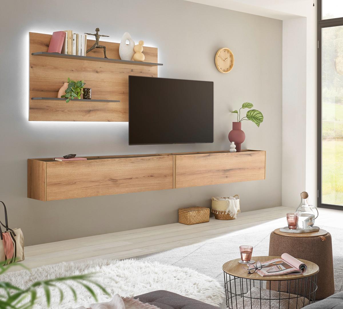 WOHNWAND Evoke Eiche, grau 3-teilig 300 cm hängend, Set inklusive Beleuchtung - Eichefarben/Grau, Holzwerkstoff/Metall (300/180/30cm) - Furn.Design