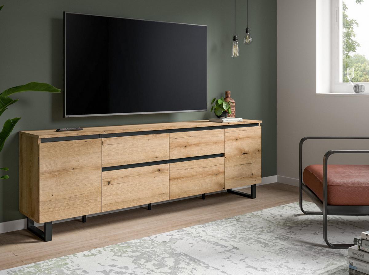 TV-LOWBOARD Evoke Eiche, schwarz, TV Unterschrank 188 x 65 cm, Soft-Close und Komforthöhe - Eichefarben/Schwarz, Holzwerkstoff/Metall (188/65/36cm) - Inn.Furn