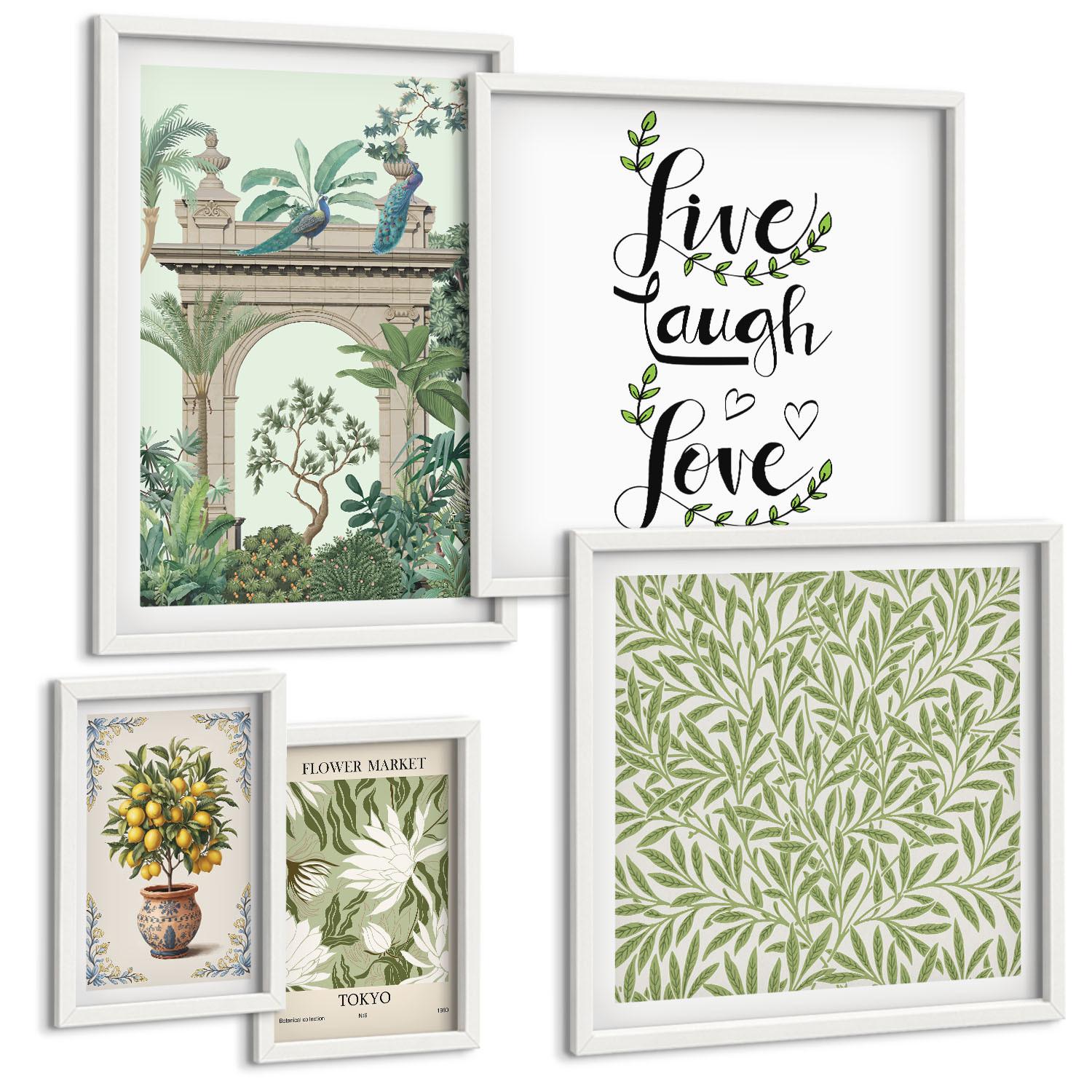 BILDER SET 5er Set - 50x50 cm & 20x30 cm & 40x60 cm Weißer Rahmen - Grüne Blätter exotischer Pflanzen - Weiß, Kunststoff (40/60cm) - TULUP