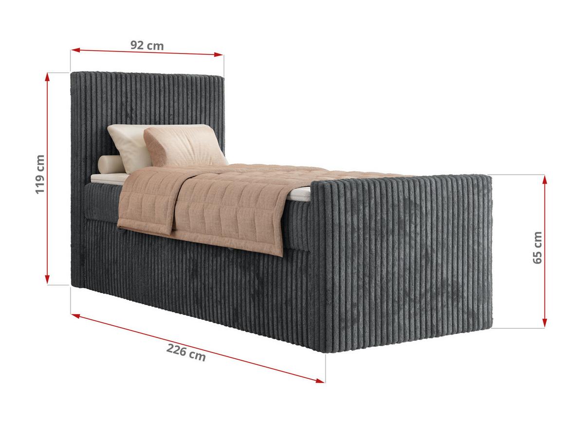 BOXBETT TILIANO DUO 90/200 - Grau Cord - H3 - Topper Visco - Links Seite - Grau, Textil (200/90cm) - MKS