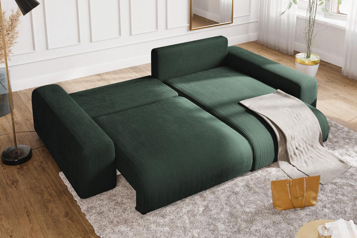 ECKSOFA mit Schlaffunktion, Bettkasten, Wellenunterfederung, seitenverkehrt montierbar B255/T165/H84 cm, Liegefl. 148x196 cm, Cord Grün / 21005 - Schwarz/Grün, Kunststoff/Textil (255/165cm) - luma-home